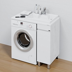 СанТа Мебель для ванной под стиральную машину Марс 90 R с зеркальным шкафом Стандарт 90 белая/светлое дерево – фотография-4