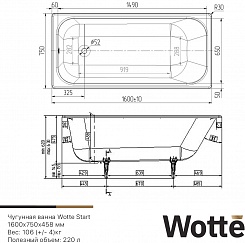 Wotte Ванна чугунная Start 160х75 c отверстиями для ручек – фотография-6