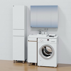 СанТа Мебель для ванной под стиральную машину Марс 90 L с зеркальным шкафом Стандарт 90 белая/янтарное дерево – фотография-2