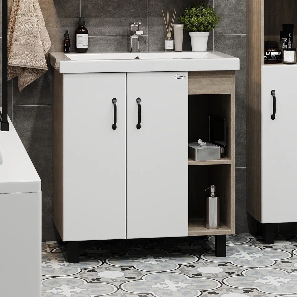 Onika Тумба с раковиной Тимбер 90 напольная белая матовая/дуб сонома правая – фотография-6