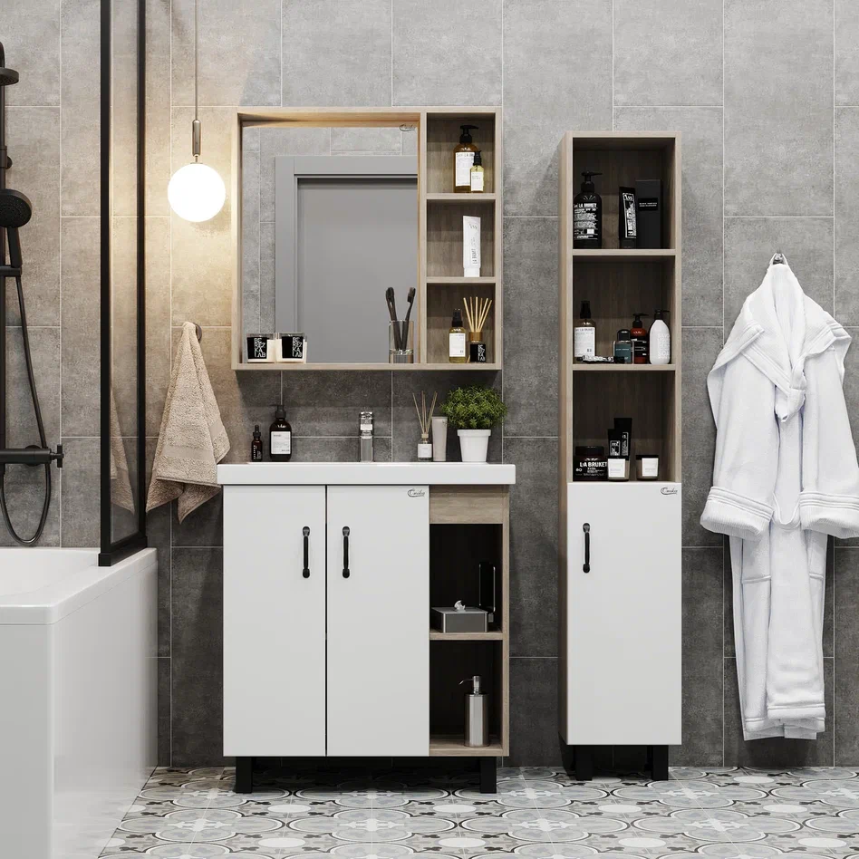 Onika Тумба с раковиной Тимбер 90 напольная белая матовая/дуб сонома правая – фотография-8