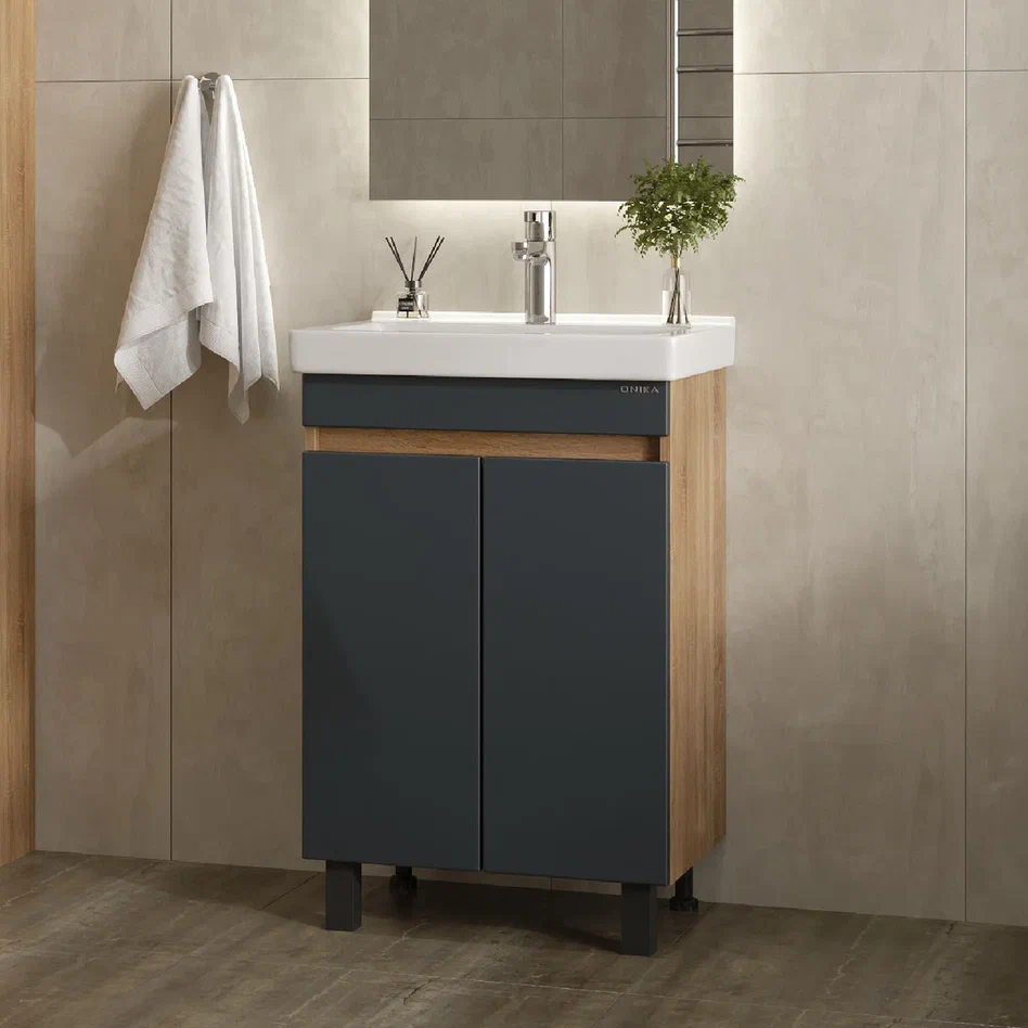 Onika Тумба под раковину Милтон Квадро 55 напольная графит/дуб сонома – фотография-6