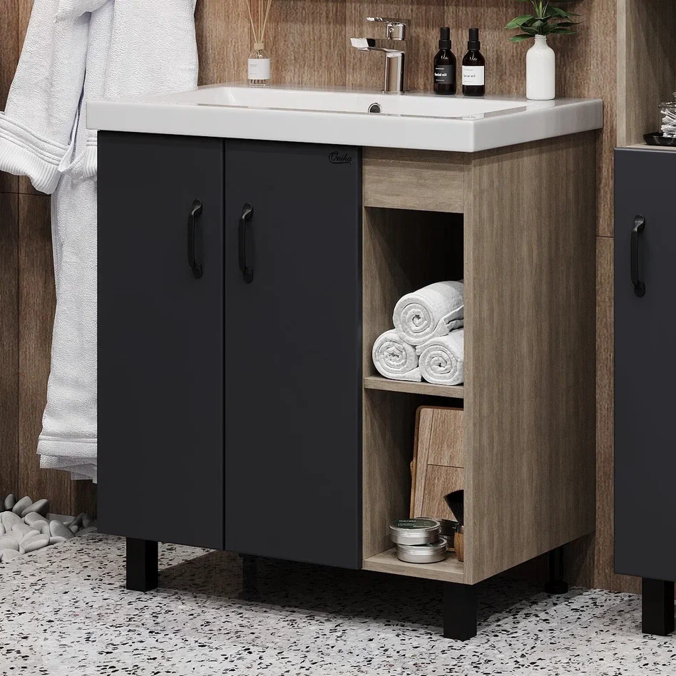 Onika Тумба с раковиной Тимбер 90 напольная графит/дуб сонома правая – фотография-4