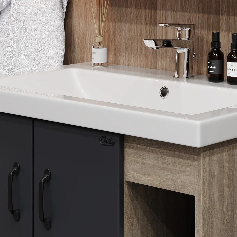 Onika Тумба под раковину Тимбер 90 напольная графит/дуб сонома правая – фотография-9