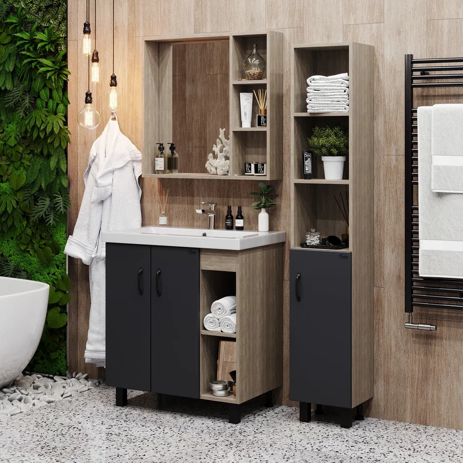 Onika Тумба с раковиной Тимбер 90 напольная графит/дуб сонома правая – фотография-6