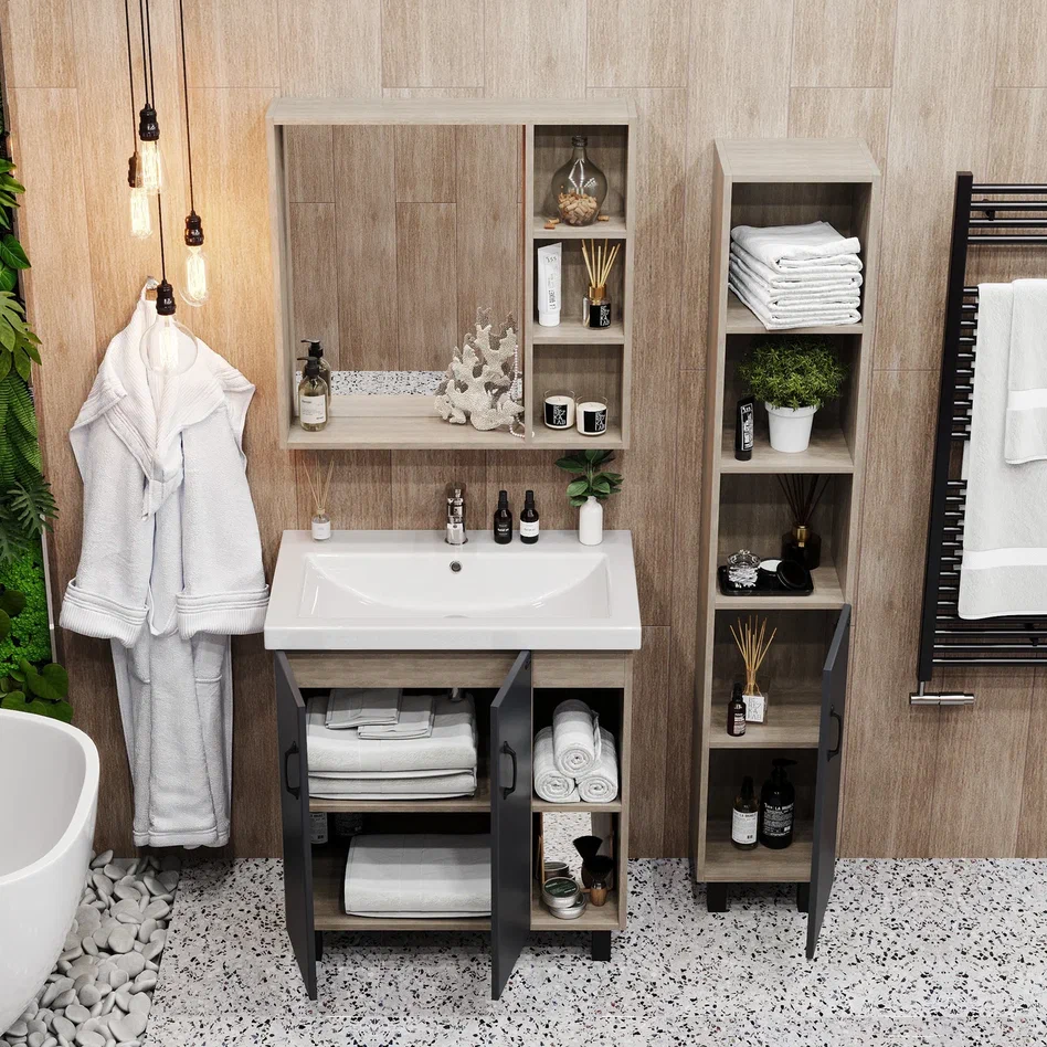 Onika Тумба с раковиной Тимбер 90 напольная графит/дуб сонома правая – фотография-8