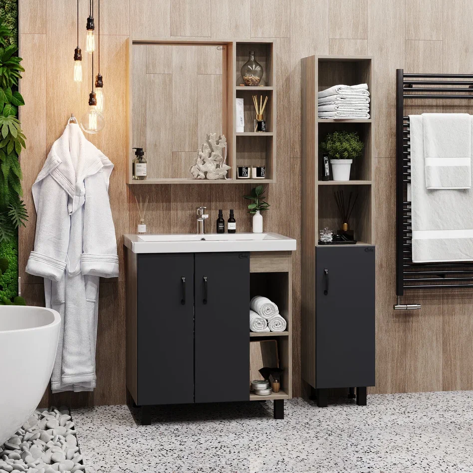 Onika Тумба под раковину Тимбер 90 напольная графит/дуб сонома правая – фотография-7