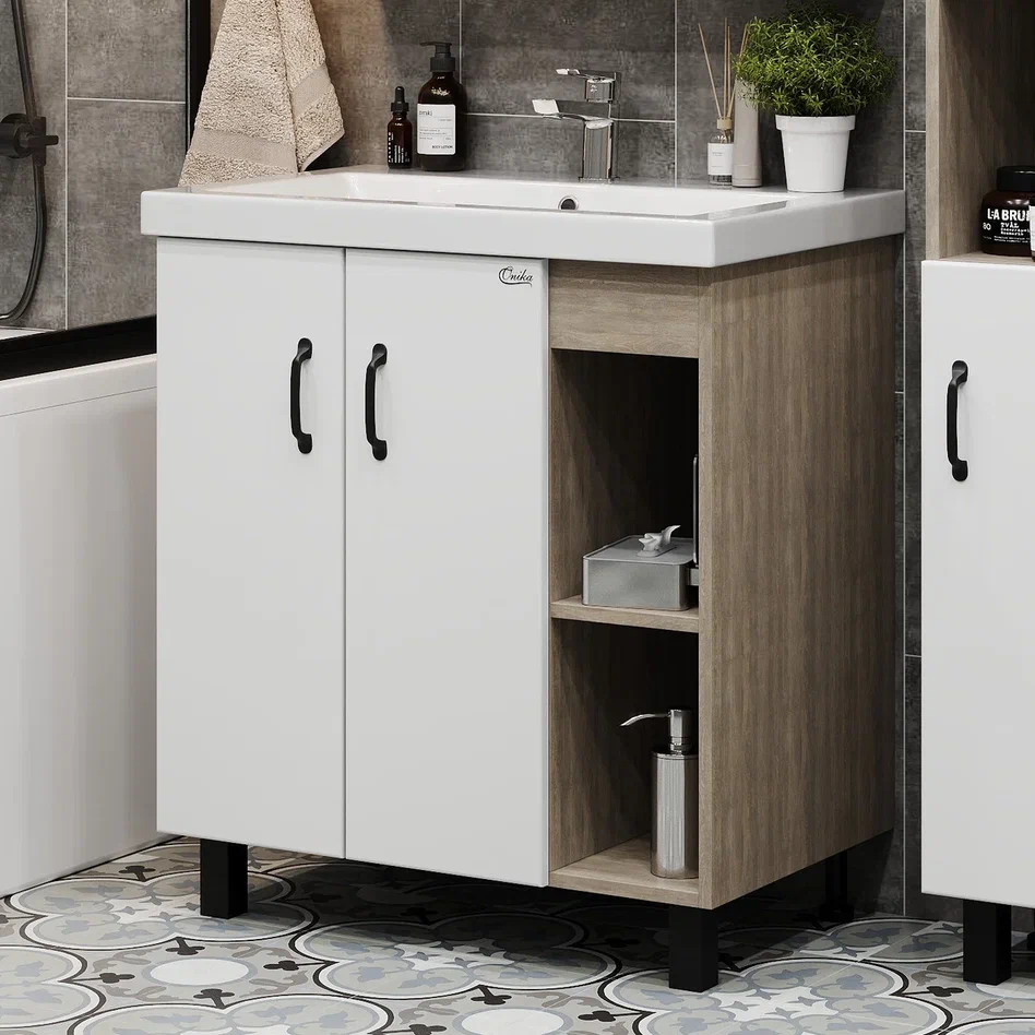 Onika Тумба под раковину Тимбер 90 напольная белая матовая/дуб сонома правая – фотография-4