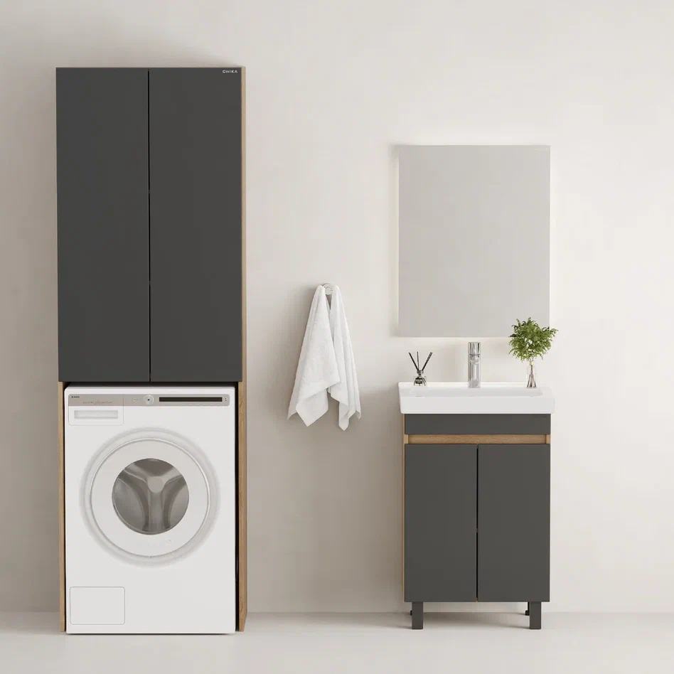 Onika Тумба с раковиной Милтон Квадро 55 напольная графит/дуб сонома – фотография-7