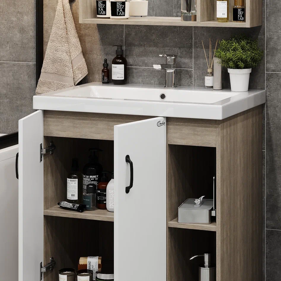 Onika Тумба с раковиной Тимбер 90 напольная белая матовая/дуб сонома правая – фотография-9