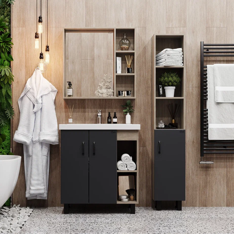 Onika Тумба с раковиной Тимбер 90 напольная графит/дуб сонома правая – фотография-5