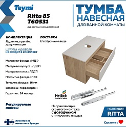 Teymi Тумба с раковиной Ritta 85 дуб эврика/белый матовый T60531 раковина T50207 – фотография-3