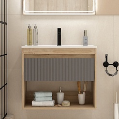 Teymi Тумба с раковиной Vitra 75 Волна подвесная дуб/графит – фотография-3