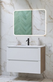 Зов Мебель для ванной Дион 100 подвесная матовая белая/дуб – фотография-1