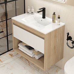 Teymi Тумба с раковиной Vitra 80 Волна подвесная дуб/белый – фотография-4