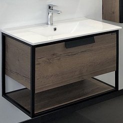 Comforty Тумба с раковиной Бонн 75 подвесная дуб темный/черный муар – фотография-1