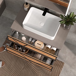 Equil Тумба с раковиной Ferro 80 2 ящика подвесная лен антрацит/дуб мадера – фотография-7