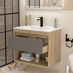 Teymi Тумба с раковиной Vitra 75 Волна подвесная дуб/графит – фотография-5