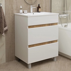 Mixline Тумба с раковиной Брикс 50 2 ящика белая/дуб вотан – фотография-3