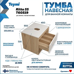 Teymi Тумба с раковиной Ritta 55 дуб эврика/белый матовый подвесная T60519 раковина T50304 – фотография-5