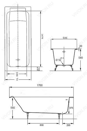 Jacob Delafon Ванна чугунная Parallel 170х70 E2947 – картинка-3