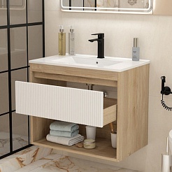 Teymi Тумба с раковиной Vitra 75 Волна подвесная дуб/белый – фотография-5