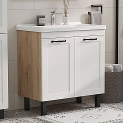 Equil Тумба с раковиной Lago 80 2 ящика напольная белая/дерево – фотография-3