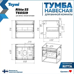 Teymi Тумба с раковиной Ritta 55 дуб эврика/белый матовый подвесная T60519 раковина T50204 – фотография-4