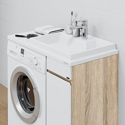 СанТа Мебель для ванной под стиральную машину Марс 90 R с зеркальным шкафом Стандарт 90 белая/янтарное дерево – фотография-6