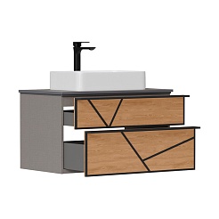 Equil Тумба с раковиной Ferro 80 2 ящика подвесная лен антрацит/дуб мадера – фотография-3