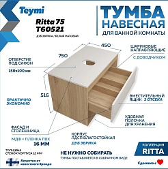 Teymi Тумба с раковиной Ritta 75 дуб эврика/белый матовый T60521 раковина T50502 – фотография-5