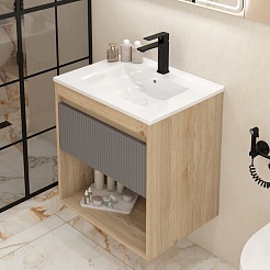 Teymi Тумба с раковиной Vitra 60 Волна подвесная дуб/графит – фотография-4