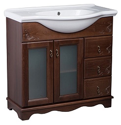 Bas Тумба с раковиной Варна 85 орех, вставки стекло, 3 ящика – фотография-1