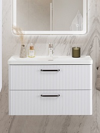 BelBagno Тумба с раковиной Due 80 подвесная Bianco Lucido ручки Матовый тёмный никель – фотография-11