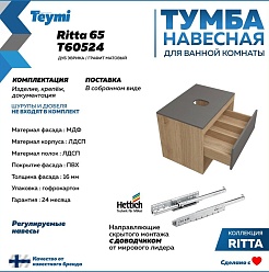 Teymi Тумба с раковиной Ritta 65 дуб эврика/графит матовый подвесная T60524 раковина T50105 – фотография-3