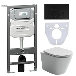 Ceramicanova Подвесной унитаз Balearica Rimless с шумоизоляционной панелью CN1000 с системой инсталляции Envision кнопка Round чёрный матовый – фотография-1