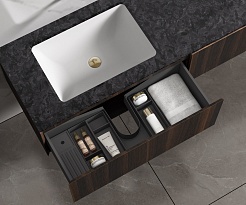 Vincea Мебель для ванной с черной столешницей и раковиной Luxe 140 L подвесная натуральный орех – фотография-7