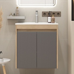 Teymi Тумба с раковиной Netta 60 Волна подвесная дуб/графит – фотография-3