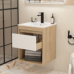 Teymi Тумба с раковиной Vitra 50 Волна подвесная дуб/белый – фотография-5