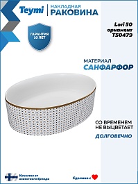 Teymi Раковина накладная Lori 50.5 T50479 белая с орнаментом – фотография-9