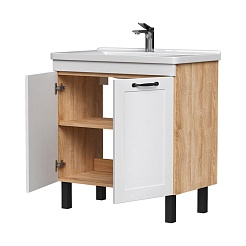 Equil Тумба с раковиной Lago 80 2 ящика напольная белая/дерево – фотография-2