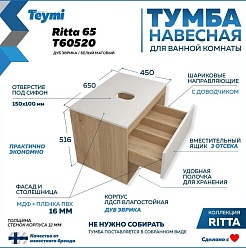 Teymi Тумба с раковиной Ritta 65 дуб эврика/белый матовый T60520 раковина T50502 – фотография-4