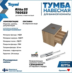 Teymi Тумба с раковиной Ritta 55 дуб эврика/графит матовый подвесная T60523 раковина T50204 – фотография-2