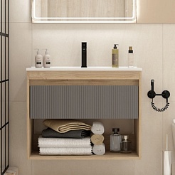 Teymi Тумба с раковиной Vitra 80 Волна подвесная дуб/графит – фотография-3