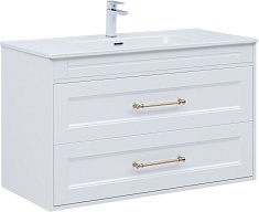 Aquanet Тумба с раковиной Бостон New 100 Flat подвесная с золотыми ручками белый сатин
