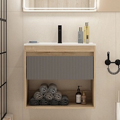 Teymi Тумба с раковиной Vitra 70 Волна подвесная дуб/графит – фотография-3