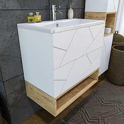 Бриклаер Мебель для ванной Кристалл 80 с нишей с зеркалом со шкафчиками белая/дуб бунратти – фотография-5