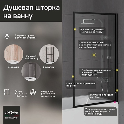Paini Шторка на ванну Screen 70 Paini-ScreenWT70F неподвижная, принт рамка, профиль черный – фотография-4