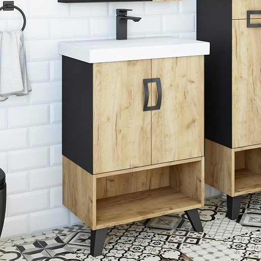 Sanflor Тумба под раковину Выборг 60/2 дуб крафт золотой/черная – картинка-3