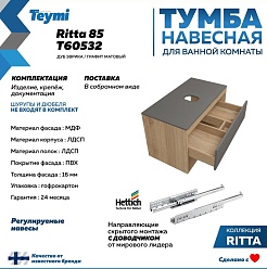 Teymi Тумба с раковиной Ritta 85 дуб эврика/графит матовый подвесная T60532 раковина T50502 – фотография-5